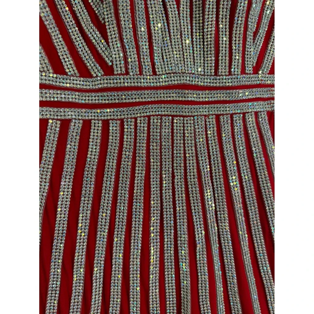 JOVANI Red Sequin Beaded Halter Neck Prom Formal Gown Dress - Picture 3 of 14